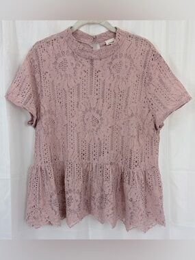 everleigh Dusty Rose semisheer Floral Lace Mock Neck Peplum Shirt Sleeve Top XL